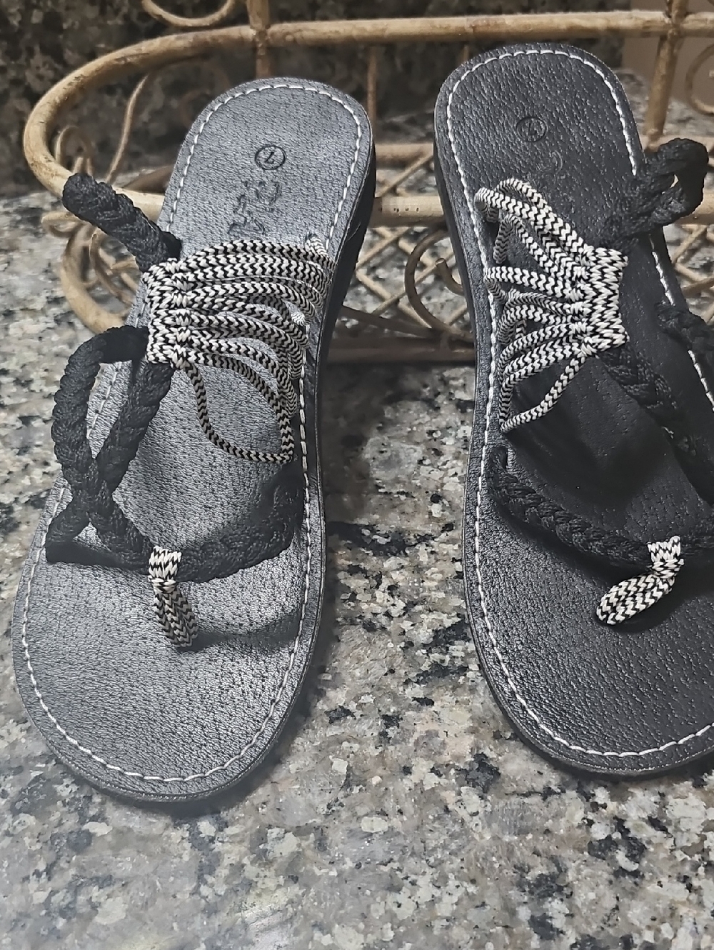Braided Rope Black Slide Sandals with Contrast Weave